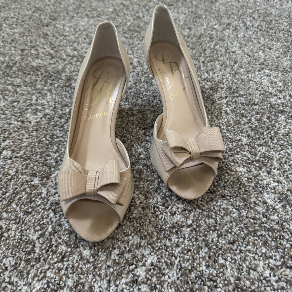 Elegant Beige Peep-Toe Heels with Bow - Size 9
